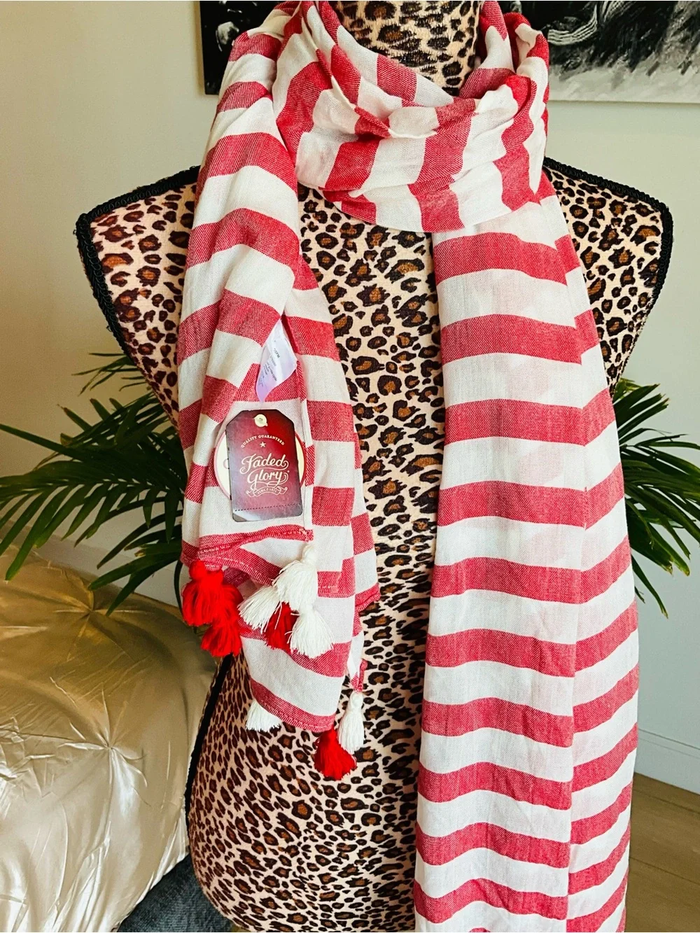 Faded Glory Red and White Striped Tassel Scarf